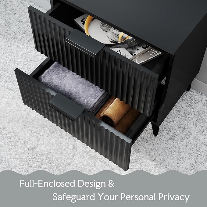 Wood Night Stand Set 2 Fluted Dresser for Bedroom 2 Drawers End Tables Nightstands Set of 2, Storage Modern Bedside Table Set of 2, Black Nightstand