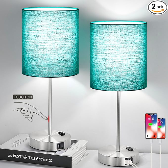 𝟮𝟬𝟮𝟯 𝗡𝗘𝗪 Green Touch Table Lamps Set of 2 with 2 USB & AC Outlet, 3-Way Dimmable Bedside Nightstand Lamps for Bedroom lamps Living Room Nursery, 800 Lumens 5000K Daylight Bulbs Included