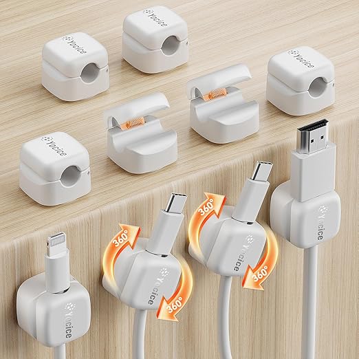 10Pack Rotatable Cord Organizer,Spring Cable Clips Desk Cable Management Cord Holder Adhesive Phone Charger Cord Clips for Home Office Car Wall Nightstand Accessories White