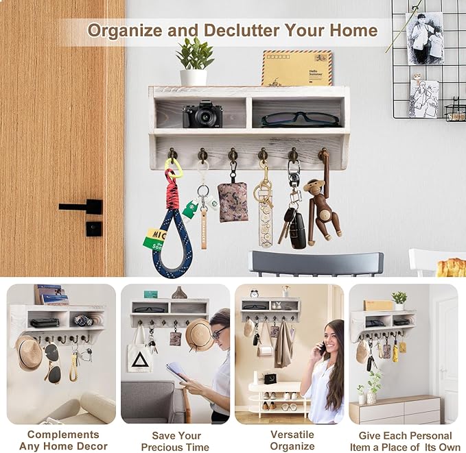 Key Holder Wall Mount - Mail Organizer Wall Mount with 6 Key Hooks and Storage Box for Sunglasses Storage and Dog Leash Holder Home Decor Rack Apartment Farmhouse Shelf Entryway Organizer (White)