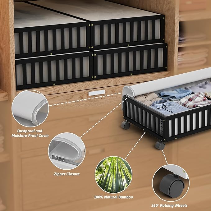 Bamboo Under Bed Storage Containers with Wheels, 2 Pack Large Under the Bed Shoe Storage Bins, Wood Rolling Underbed Drawers Organizer for Bedroom Closet Clothes Blanket Under Crib Toy Black