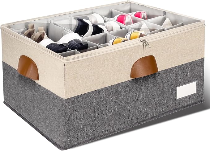 1 Pack Shoe Organizer for Closet, Adjustable Shoe Box Storage Containers, Large Foldable Shoe Bins with Clear Cover, Space Saving Shoes Holder with 4 Handles, Fits 12-24 Pairs, Beige