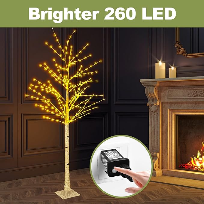6FT Lighted Twig Birch Tree with Fairy Lights, 260 LED Birch Tree Lights with Timer for Indoor Outdoor Home Bedroom Party Christmas Decoration, Plug in
