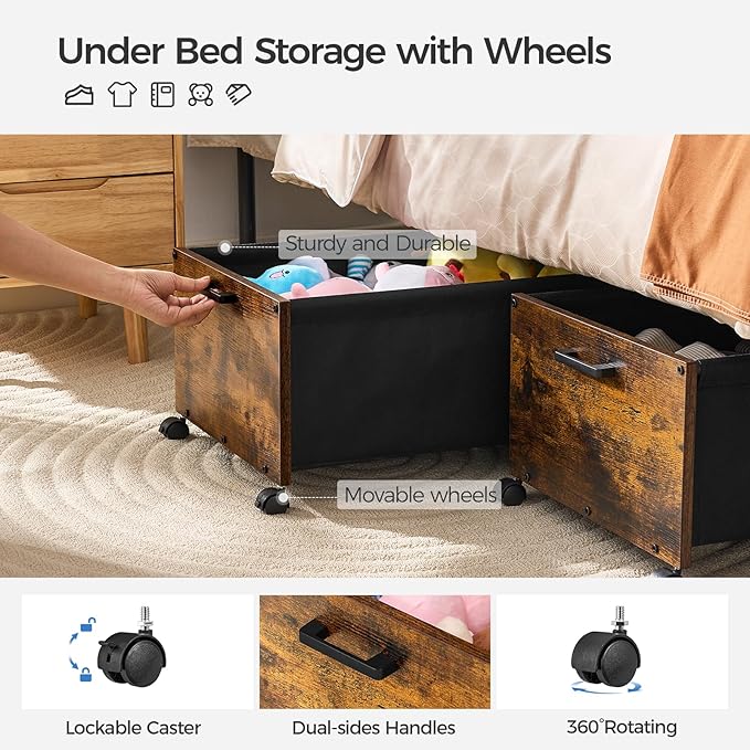 Under Bed Storage with Wheels, Wooden Under Bed Drawers On Wheels, Rolling Under Bed Shoe Storage, Space Saving, Rustic Brown,Quadruple Size,90L