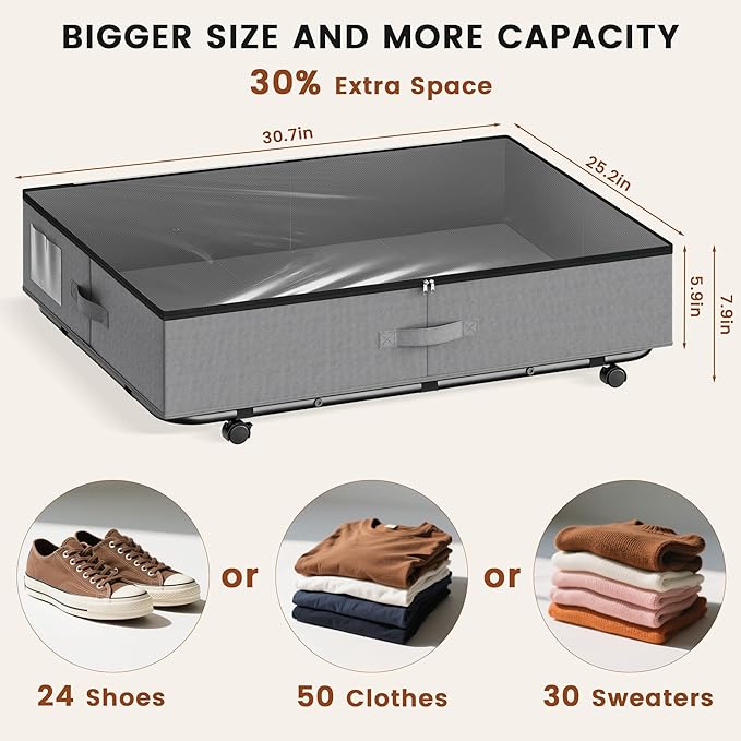XXXL 78L Under Bed Storage with Wheels, Rolling Storage Containers with Support & Clear Lid, Heavy-Duty Metal Frame, Easy Pull-out, Underbed Storage Bins for Clothes, Shoes, Blankets, and Toys 2 pack