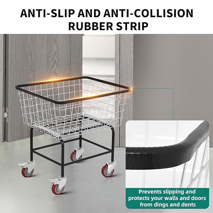 Wire Laundry Cart wtih Wheels, 2.5 Bushel Rolling Laundry Basket, Commercial Basket Carts for Laundry Room, Hotel, Home, Apartment Use, Durable Steel Frame with Galvanized Finish, 5" Casters