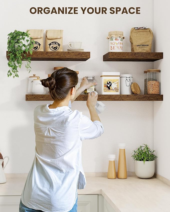 Marsmiles 32" Floating Shelves for Wall, Wooden Shelves with Invisible Brackets Set of 2, Rustic Farmhouse Wall Mounted Shelf for Kitchen Bathroom Living Room Study, Rustic Brown