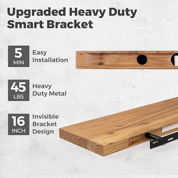 RICHFOCUS Elm Floating Shelves for Wall - 24" W x 9.3" D Rustic Solid Wood Shelves with Invisible Bracket, Wall-Mounted for Living Room, Bedroom, Kitchen Storage & Display, Set of 2, Natural