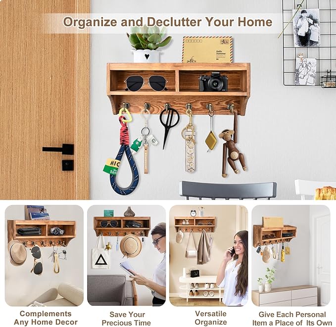 Key Holder Wall Mount - Mail Organizer Wall Mount with 6 Key Hooks and Storage Box for Sunglasses Storage and Dog Leash Holder Home Decor Rack Apartment Essentials Farmhouse Shelf Entryway Organizer