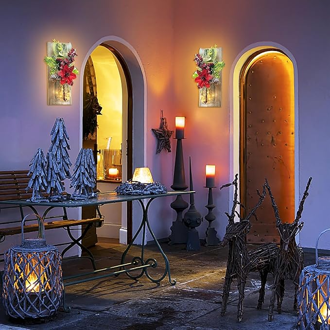 Mason Jars Sconce Decor Rustic Wall Sconces Handmade Wall Art Hanging Design with Remote Control LED Fairy Lights and Red Berry, Xmas Farmhouse Wall Home Decor Living Room Lights Set of Two