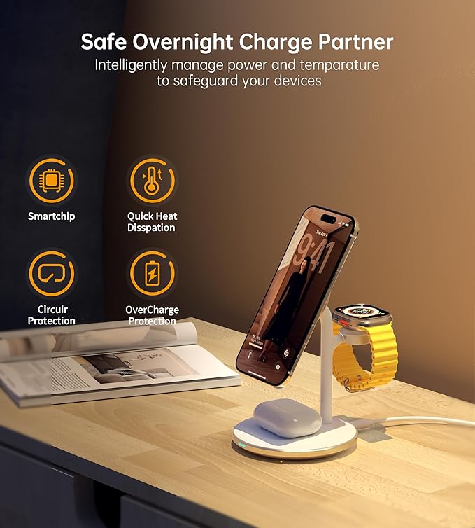 XooFly 3 in 1 Wireless Charging Station for Apple Devices, Fast Wireless Mag-Safe Charger Stand with 20W Adapter for iPhone 17/16 15 14 13 12 Pro Max/Pro/Plus/Air/Mini, iWatch, AirPods (Gold)