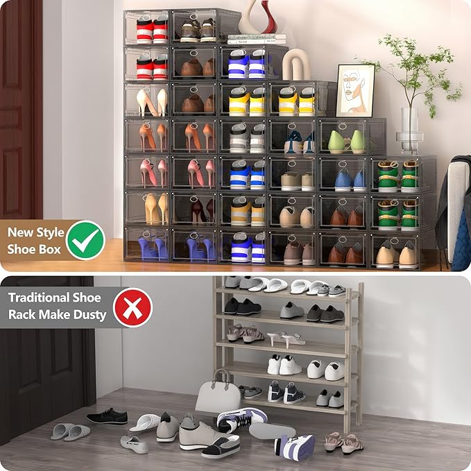 XX Large Clear Shoe Storage Box Organizer for Closet, 9 Pack Thicken Hard Plastic Stackable Shoe Sneaker Rack Display Case Container Bins Organizer, Easy Assembly, Grey