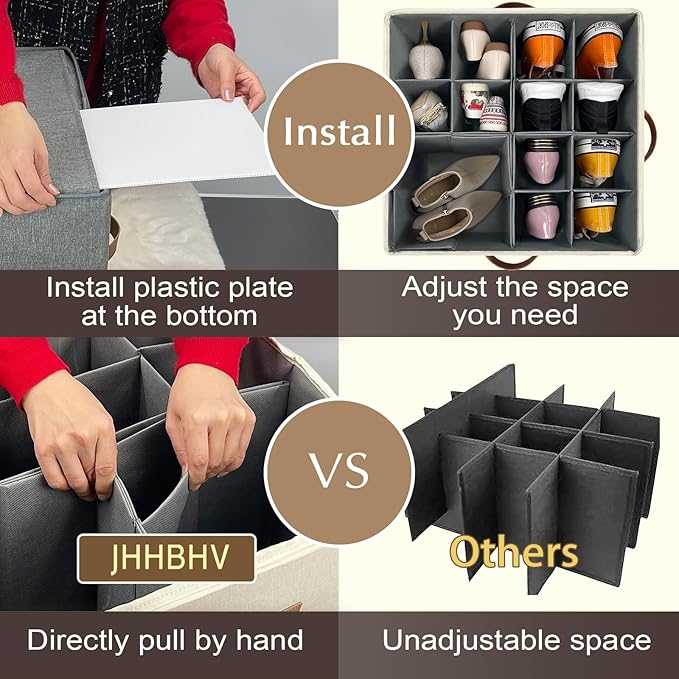 1 Pack Shoe Organizer for Closet, Adjustable Shoe Box Storage Containers, Large Foldable Shoe Bins with Clear Cover, Space Saving Shoes Holder with 4 Handles, Fits 8-16 Pairs, Beige