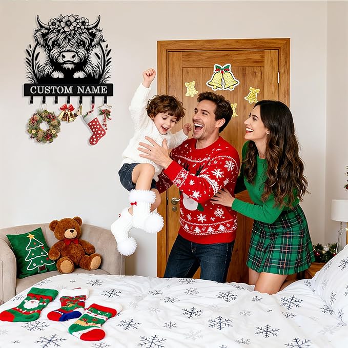 Personalized Highland Cow Key Holder Wall Mount, Custom Metal Key Rack Key Holder with Name, Deer Cabin Wall Keys Hanger with Hooks for Entryway, Front Door, Hallway, Kitchen, Living Room