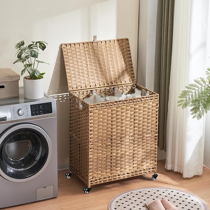 Laundry Hamper with Wheels&Lid, 50.2 Gallons(190L) Rolling Laundry Basket with Wheels, 3-Section Laundry Hamper, Handwoven Rattan Clothes Hamper with 6 Removable Liner& 3 Mesh Laundry Bags, Natural