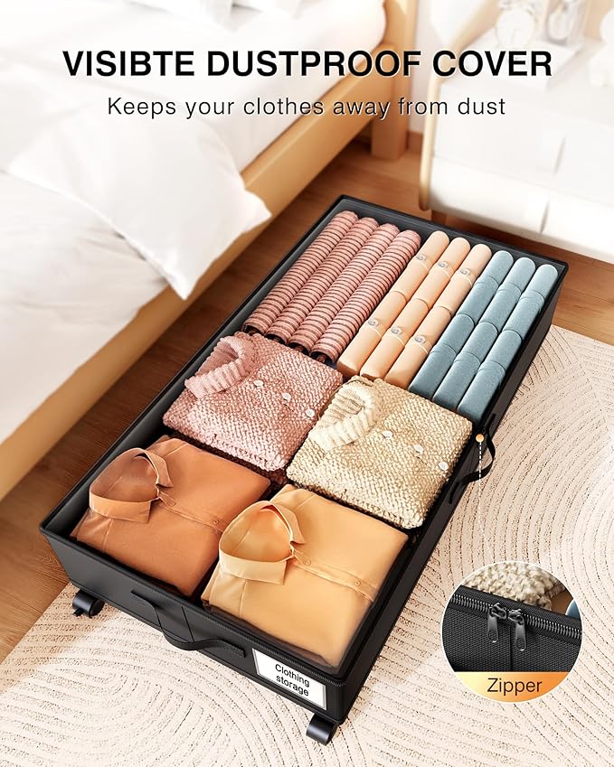 Under Bed Storage with Wheels,2Pack Underbed Shoe Storage Organizer,7.5-10.6 inchTall Adjustable Storage for Underbed with Lids,65L Extra large capacity for Clothes, Blankets,Shoes