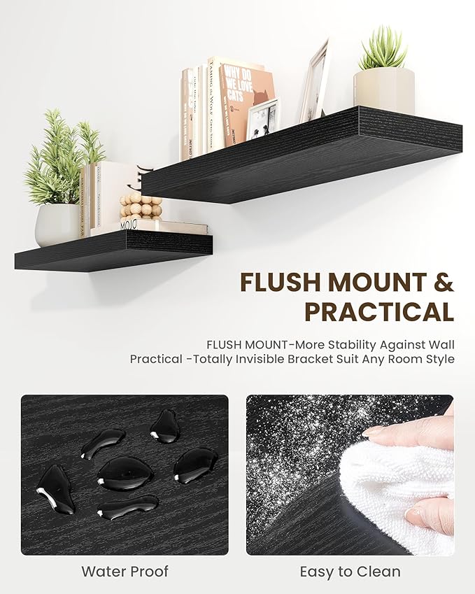 Marsmiles 40" Floating Shelves for Wall, Wooden Shelves with Invisible Brackets Set of 2, Rustic Farmhouse Wall Mounted Shelf for Kitchen Bathroom Living Room Study, Black