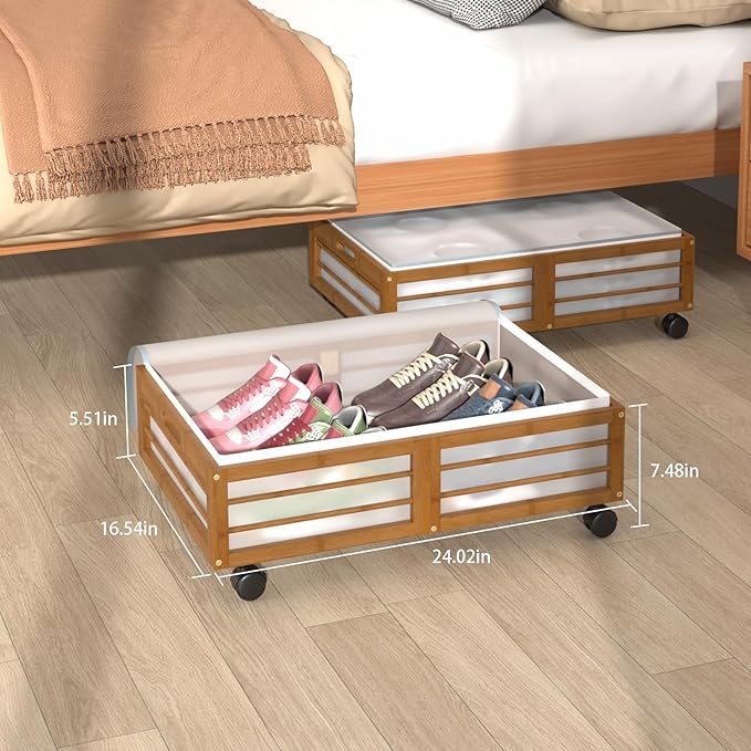 Under Bed Storage Containers with Wheels, Larger Bamboo Wood Under Furniture Storage Containers with Dust Bags，Rolling for Shoes Clothes