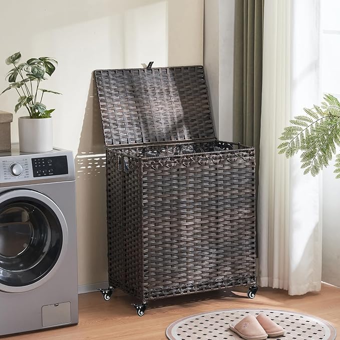Laundry Hamper with Wheels&Lid, 50.2 Gallons(190L) Rolling Laundry Basket with Wheels, 3-Section Laundry Hamper, Handwoven Rattan Clothes Hamper with 6 Removable Liner& 3 Mesh Laundry Bags, Brown