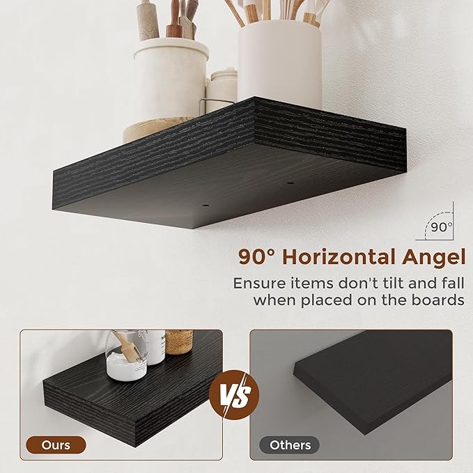 Heimlove 16 Inch Floating Shelves for Wall Black Shelves Set of 2,Wall Mounted Rustic Wood 8 Inch Deep Floating Shelf with Invisible Brackets for Bedroom Kitchen Living Room