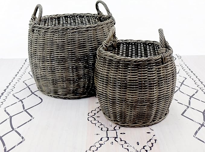 Set of 2 CATLEZA 13-inch and 16.5-inch Stackable Hand Woven Wicker Storage and Laundry Basket with Handles - Espresso
