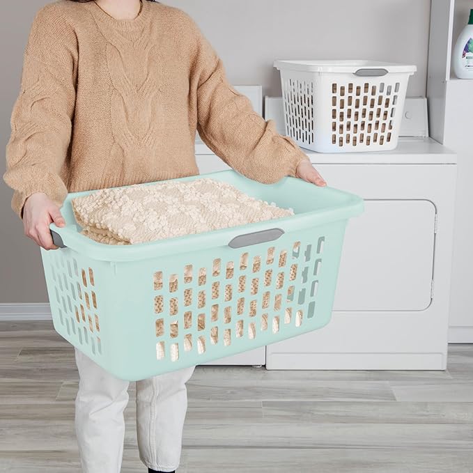 Sterilite Laundry Basket, Plastic Clothes Hamper, Large Rectangle Bin with Comfort Grip Handles and Reinforced Rim, 2 Bushel Capacity, Mint, 24 Pack