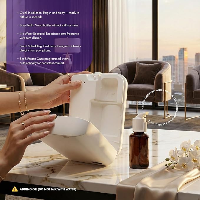 Smart Nebulizing Aromatherapy Scent Diffuser - Waterless Aroma Machine Perfect Air Freshener for Hotel Rooms, Homes or Offices, App Controlled Perfect Aroma Diffuser Up to 1,000 SQFT - White