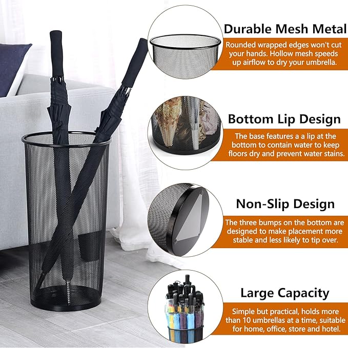 Youeon 2 Pack Large Umbrella Holder, 10.5x20 Inch Metal Mesh Umbrella Stand, Freestanding Bucket for Umbrellas, Canes, Walking Sticks, Wrapping Paper, Entryway, Home, Office, Hotel, Black