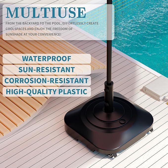 Umbrella Base,Heavy Duty Umbrella Stand with 5 Wheels, Max 180lb Fillable Umbrella Holder Wind-Resistant, Mobile Square Market Stand for Outdoor, Deck, Lawn, Fits Most Sized Umbrellas (21inch)
