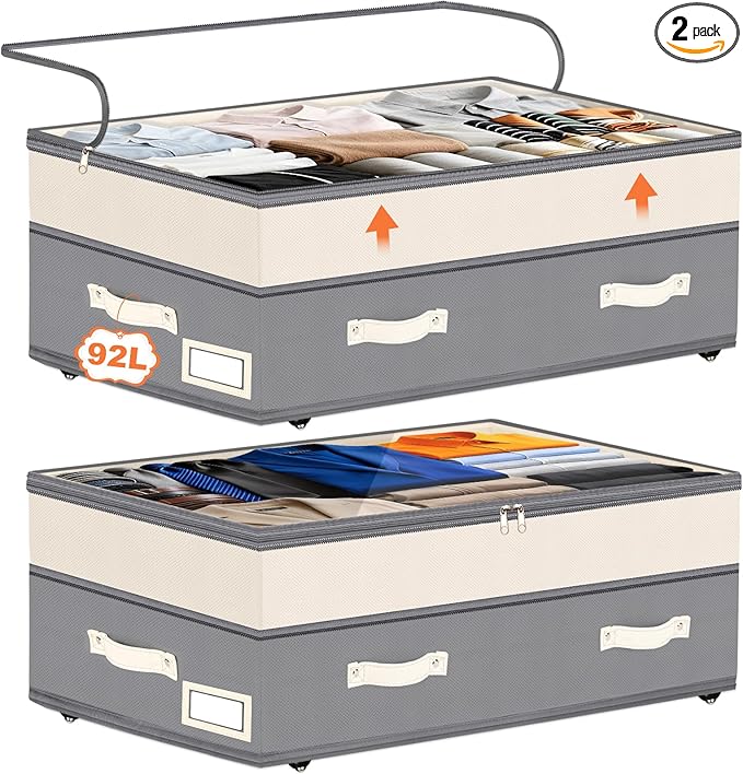 Dolicer 2 Pack Under Bed Storage with Wheels, 6in-10in Height Adjustable Underbed Storage Containers, 92L XXXL Under Bed Drawers Rolling Bin with Clear Lids for Dorm Shoes Clothes Organizers(Grey)