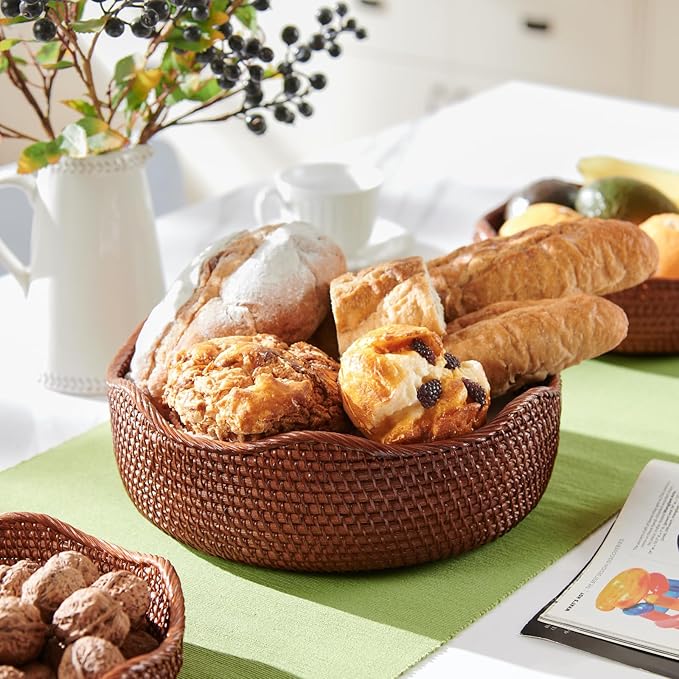 YANGQIHOME Rattan Round Fruit Baskets, Wicker Storage Bowls, Natural Woven Serving Basket Bowls, Decorative Baskets for Kitchen Counter Organizing, Brown, Set of 3