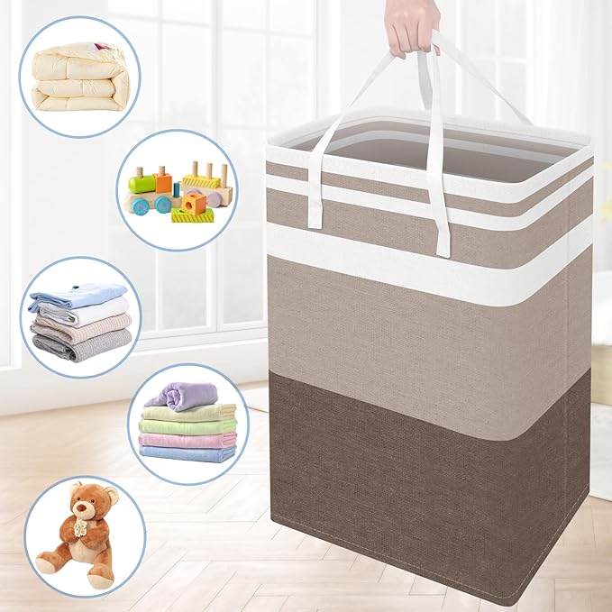 BlissTotes 3-Pack Laundry Basket, Freestanding＆Waterproof Laundry Hamper, Collapsible Tall Clothes Hamper with Easy Carry Handles for Clothes, Towels in the Family and Dorm,Gradient Khaki,125L