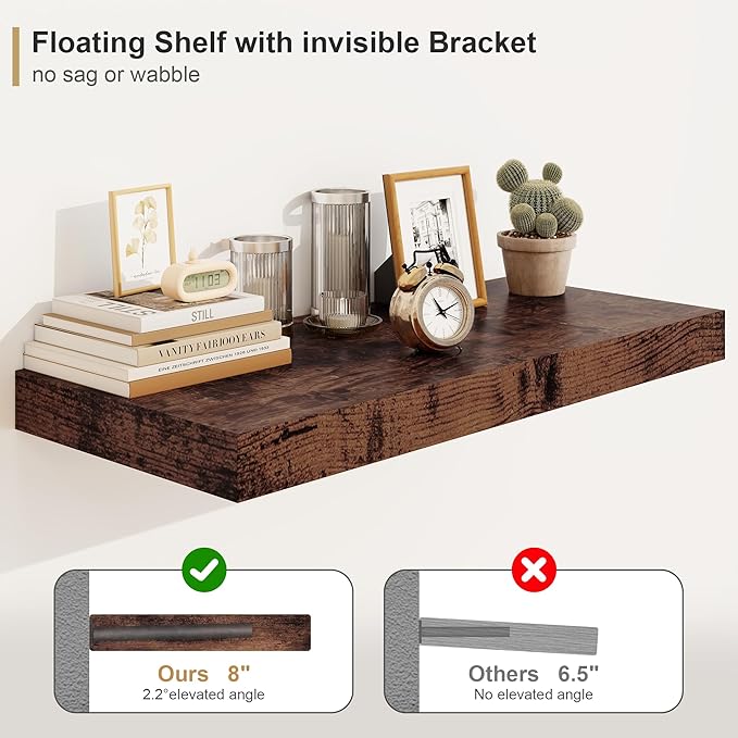Heimlove Rustic Brown Bathroom Shelves Floating Shelves for Wall Shelf Over Toilet Long Wall Mounted Modern Farmhouse,48 x 12 Shelves with Invisible Brackets for Living Room, Kitchen, Bedroom