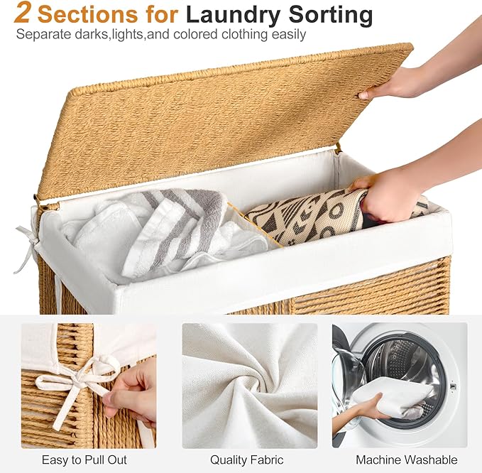 WOWLIVE Double Laundry Hamper with Lid, Handwoven Rolling Laundry Basket with Wheels, 115L Dirty Clothes Hamper with Removable Liner Bag Large Capacity Laundry Sorter Laundry Room Organization,Natural