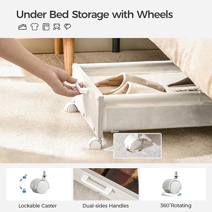 Under Bed Storage with Wheels, Wooden Under Bed Drawers On Wheels, Rolling Under Bed Shoe Storage, Space Saving,White,50L