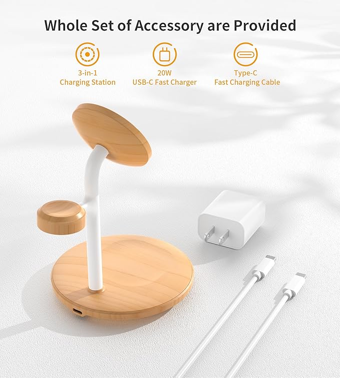 XooFly 3 in 1 Wireless Charging Station for Apple Devices,Fast Wireless Mag-Safe Charger Stand with 20W Adapter for iPhone 17 16 15 14 13 12 Pro Max/Pro/Plus/Air/Mini,iWatch,AirPods,Yellow Woodgrain