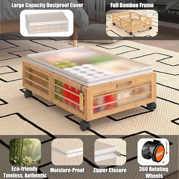 Under Bed Storage Containers with Wheels, Larger Bamboo Wood Under Furniture Storage Containers with Dust Bags，Rolling for Shoes Clothes