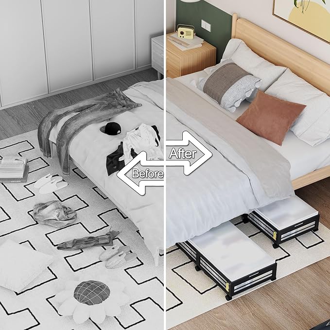 Under Bed Storage Containers with Wheels, Larger Bamboo Wood Under Furniture Storage Containers with Dust Bags，Rolling for Shoes Clothes