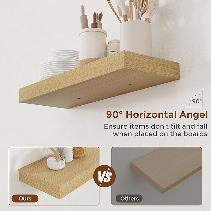 Heimlove 24 Inch Floating Shelves for Wall Oak Shelves Set of 2,Wall Mounted Rustic Wood 8 Inch Deep Floating Shelf with Invisible Brackets for Bedroom Kitchen Living Room