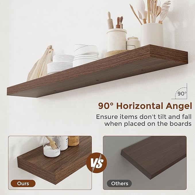 Heimlove 55 Inch Floating Shelves for Wall 8 Inch Deep Walnut Shelves Set of 2,Wall Mounted Rustic Wood Long Floating Shelf，Large Extra Display & Storage Shelf with Invisible Brackets