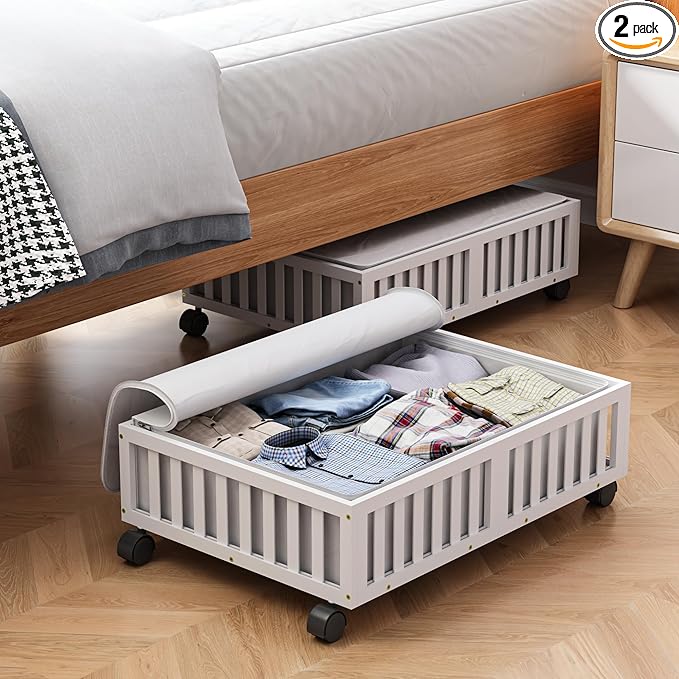 Bamboo Under Bed Storage Containers with Wheels, 2 Pack Under the Bed Shoe Storage Bins, Wood Rolling Underbed Drawers Organizer for Bedroom, Closet, Clothes Blanket Comforter and Under Crib Toy White