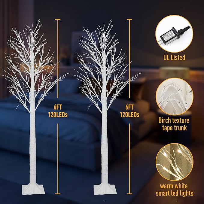 Smart Lighted Birch Twig Tree with Fairy Lights, APP Conrol, 6FT 120 Warm White LEDs, 18 Modes, Dimmable, Schedule, Music Sync Waterproof for Indoor Outdoor Home Christmas Holiday Decor, 2pack