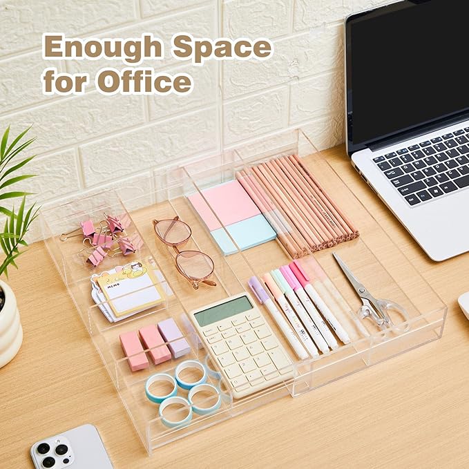 1 PC Acrylic Desk Drawer Organizer 2 Inch Height Expandable Drawer Organizer Trays with 8 Adjustable Compartments Desk Accessories for Makeup Silverware Office Bathroom(Clear,Stylish)