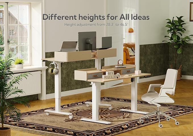 YDN Standing Desk with Drawers, 59 Inch Standing Desk Adjustable Height, Adjustable Electric Stand Up with Storage and Shelf, Natural