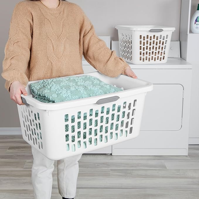 Sterilite Laundry Basket, Plastic Clothes Hamper, Large Rectangle Bin with Comfort Grip Handles and Reinforced Rim, 2 Bushel Capacity, White, 18 Pack