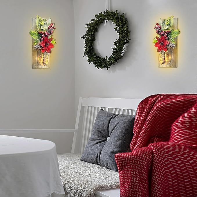 Mason Jars Sconce Decor Rustic Wall Sconces Handmade Wall Art Hanging Design with Remote Control LED Fairy Lights and Red Berry, Xmas Farmhouse Wall Home Decor Living Room Lights Set of Two