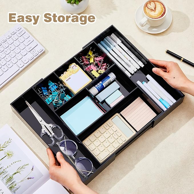 1 PC Acrylic Desk Drawer Organizer 2 Inch Height Expandable Drawer Organizer Trays with 8 Adjustable Compartments Desk Accessories for Makeup Silverware Office Bathroom(Black,Classic)
