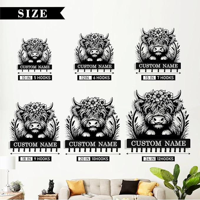 Personalized Highland Cow Key Holder Wall Mount, Custom Metal Key Rack Key Holder with Name, Deer Cabin Wall Keys Hanger with Hooks for Entryway, Front Door, Hallway, Kitchen, Living Room