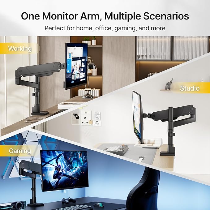 monTEK Tall Single Monitor Arm for 17 to 45 Inch Curved Screen Adjustable Upgraded Heavy Duty Ultrawide Monitor Arm Holds 35 Lbs Cable Management with C Clamp, Grommet Base, VESA 75/100mm, MA1007PBK