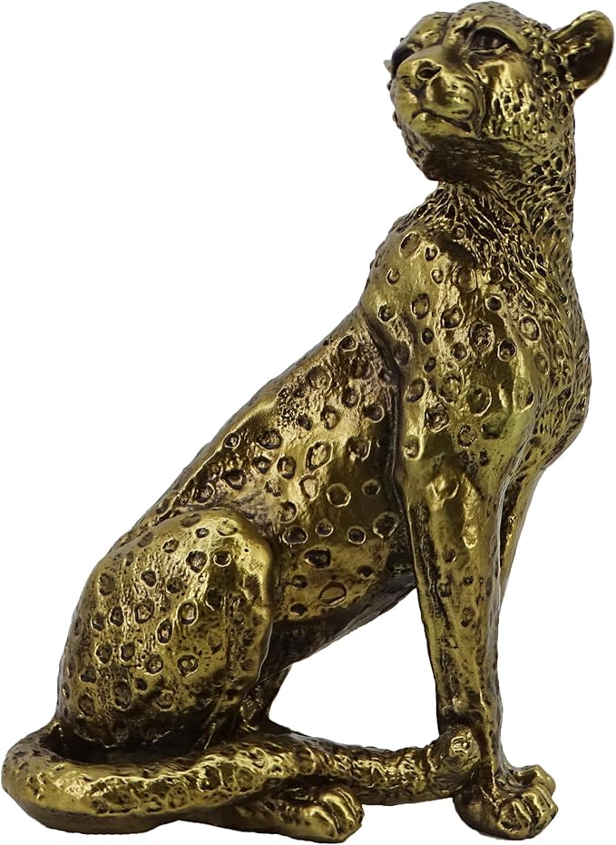 10-inch Antique Gold Leopard Sculpture - Resin Sitting Cheetah Figurine with Gold Dot Design, Art Deco Home Decor for Shelves & Office